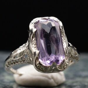 c.1920 Art Deco Ring Amethyst 14k Solid White Gold Filigree Size 6